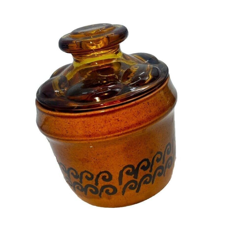 Vintage MCM Japanese Stoneware Small Yellow Crock with Brown Lid Sugar Bowl Butt